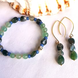 Green Moss Agate and Aventurine bracelet and earrings set