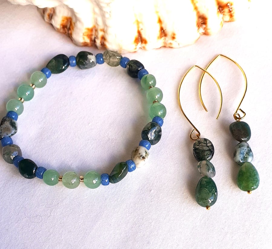 Green Moss Agate and Aventurine bracelet and earrings set