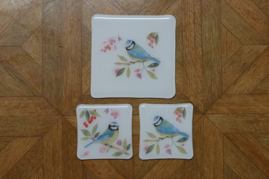  RESERVED CUSTOM ORDER glass coaster trivet set - Blue tit