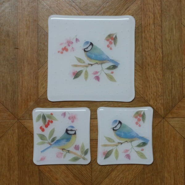 RESERVED CUSTOM ORDER glass coaster trivet set - Blue tit