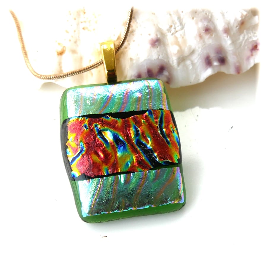 Dichroic Glass Pendant 278 Red Striped Handmade with gold plated chain