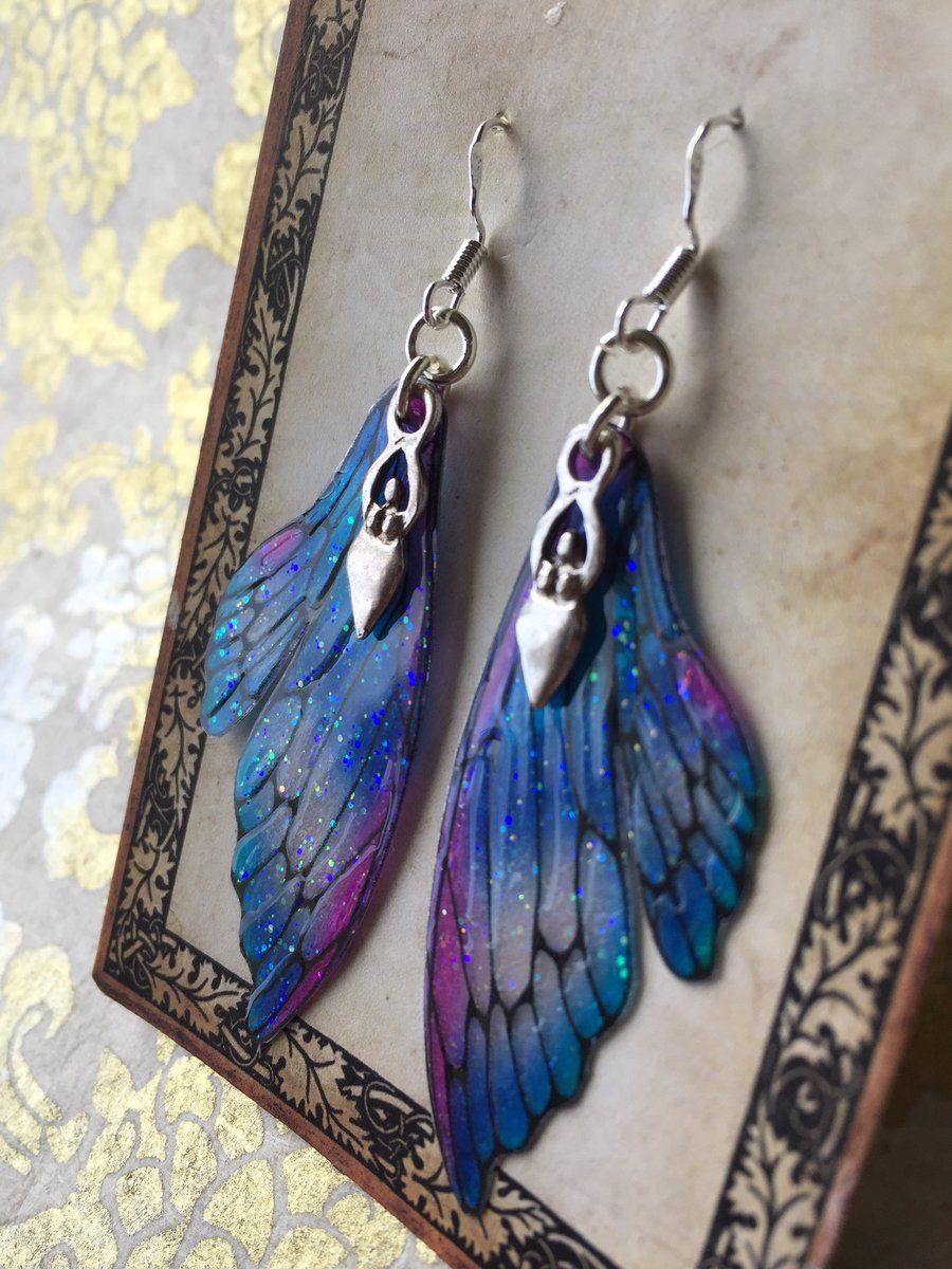Blue and Purple Goddess Fairy Wing Earrings Sterling Silver Hooks