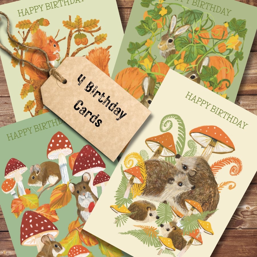 Birthday card set 4 cards cute animals