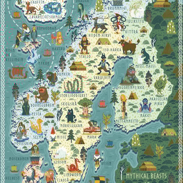 Illustrated Map, Mythical Beasts of Scandinavia, A3 Art print - Poster