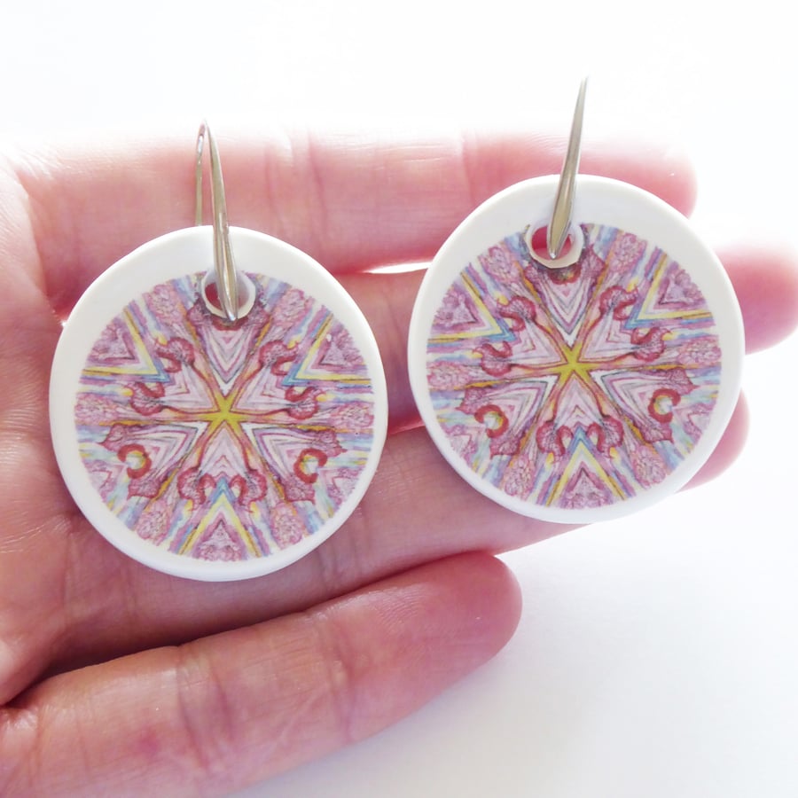 Handmade Geometric Pattern Ceramic Earrings with Silver Coloured Ear Wires