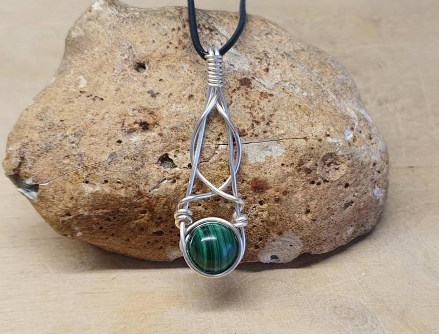 Celtic knot Malachite pendant. Wire wrapped necklace
