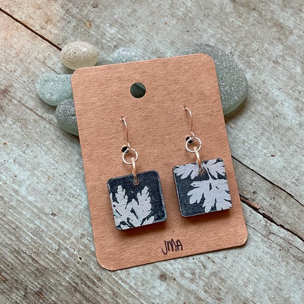 Square wooden nature print drop earrings handmade