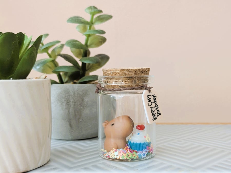 Mini Capybara & Cake in a Jar – “Happy Capy Birthday” Handmade Gift & Cute Anima