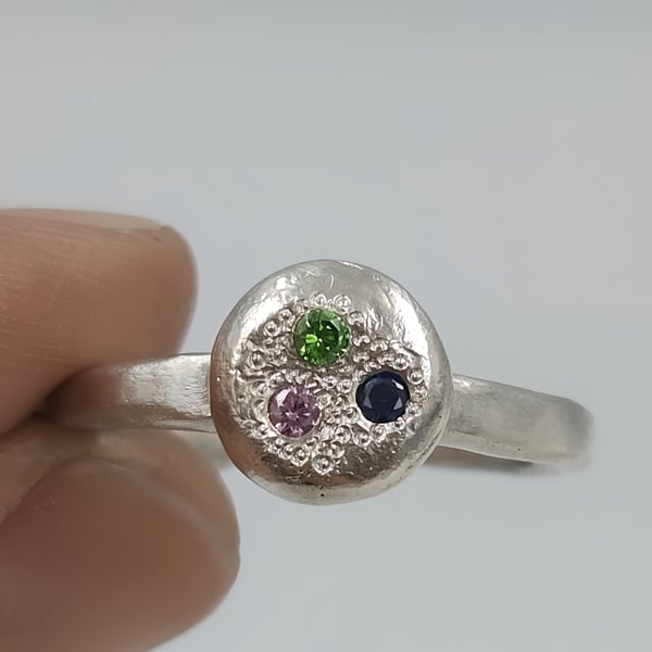 Sterling Silver Pebble Ring with Trio of Flush Set CZ Stones