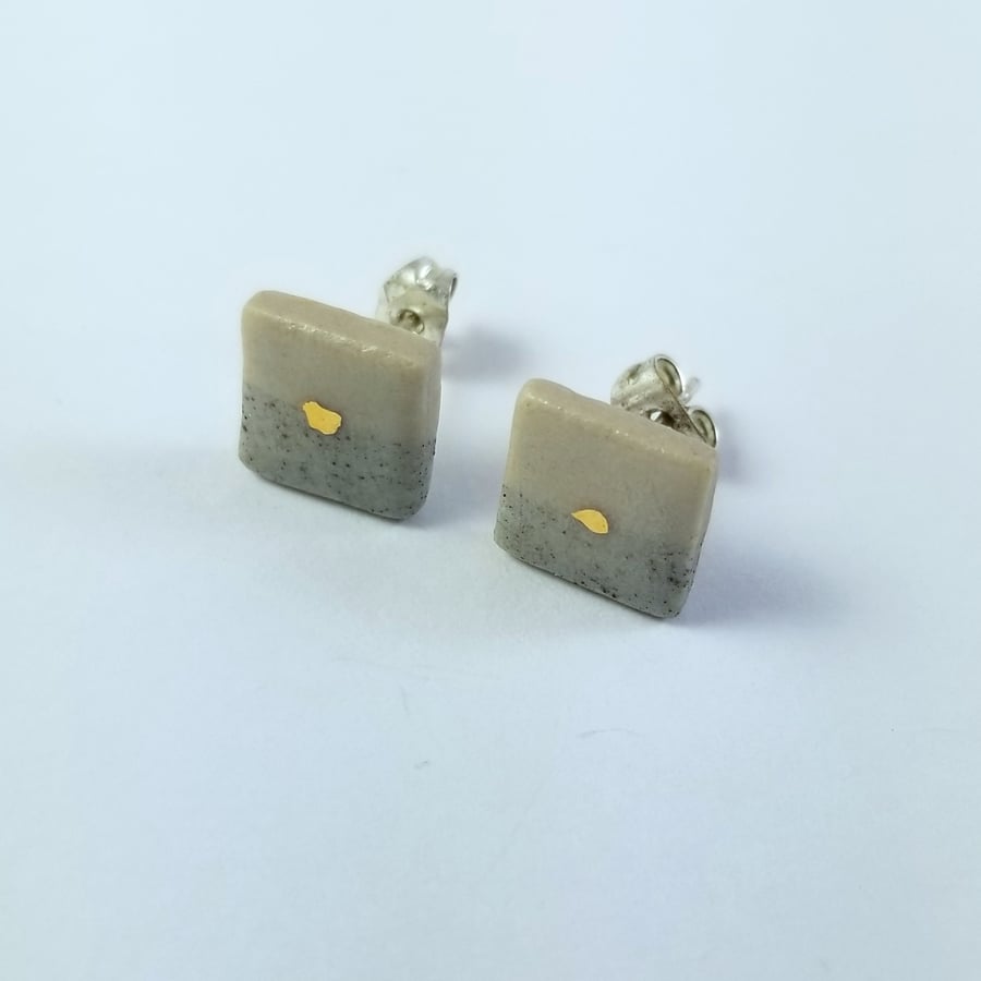 Earrings square ceramic, grey fleck, gold lustre FREE UK post