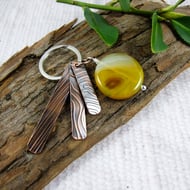 Bag Charm, Copper with Sterling Silver Wire Wrapped Yellow Agate Gemstone