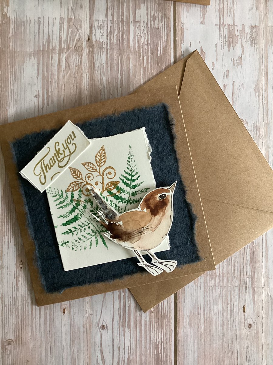 Handmade thank you card, original watercolour wren, nature inspired card