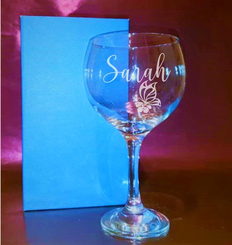 Large Etched Personalised Gin Glass, Name Butterfly Swarovski Crystal Gift Boxed