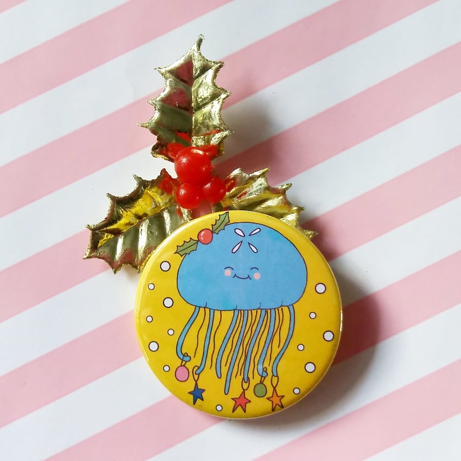 jellyfish christmas badge, handmade pin badge, christmas gift, wildlife lover 