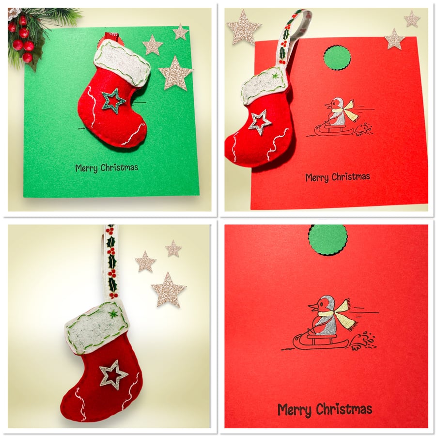 Greeting card with detachable embroidered Christmas stocking tree decoration 