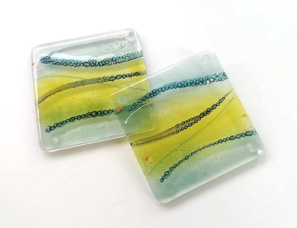 Fused Glass Sea Coasters: Bubbled Blue-Green Wine Mats, Set of Two
