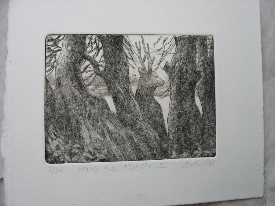 Moody drypoint etching 'Herne the Hunter III'