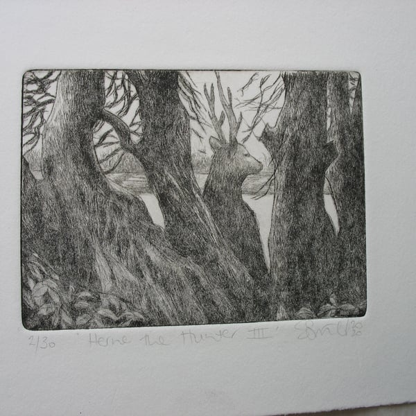 Moody drypoint etching 'Herne the Hunter III'