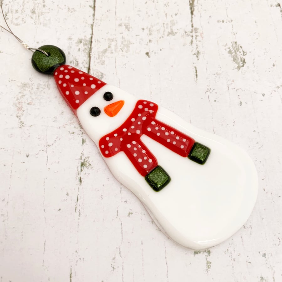 Fused Glass Snowman Hanging, Red Spotty Hat - Handmade Glass Decoration
