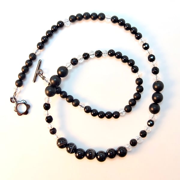 Black Sardonyx, Onyx & Faceted Crystal AB Rondelles Necklace - Handmade In Devon