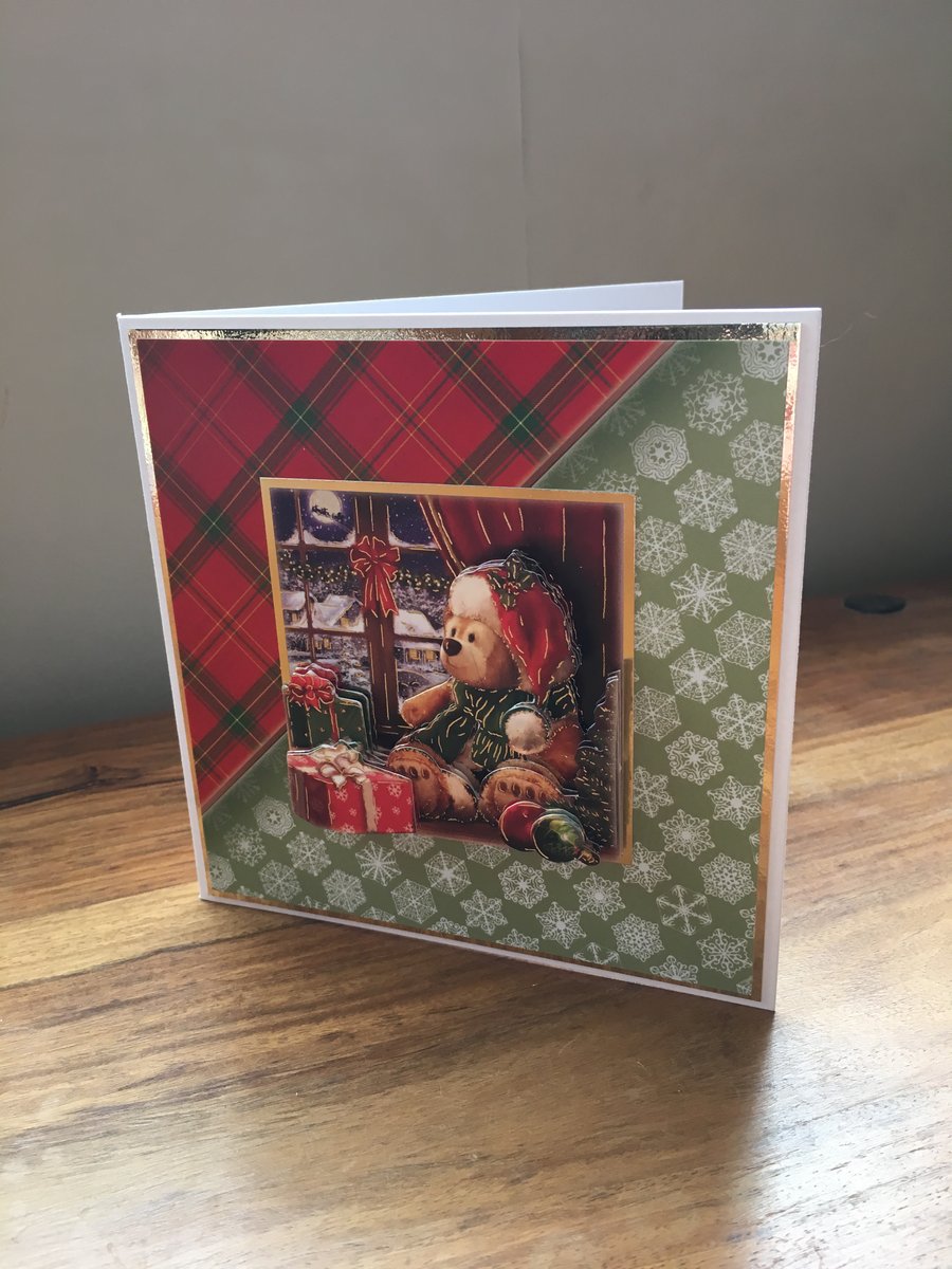 3D Teddy Bear Christmas Card - Handmade decoupage - Blank Inside