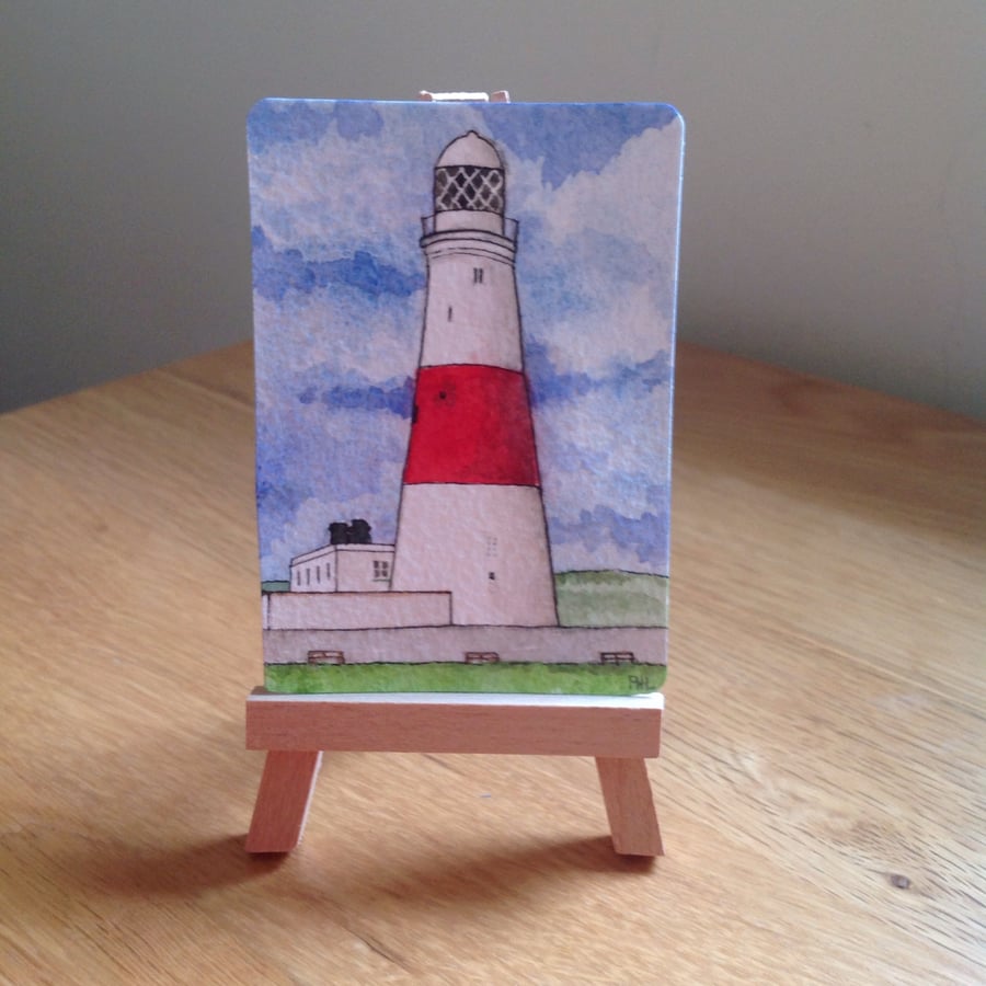 ACEO Original watercolour and ink 'Portland Bill lighthouse, Dorset'