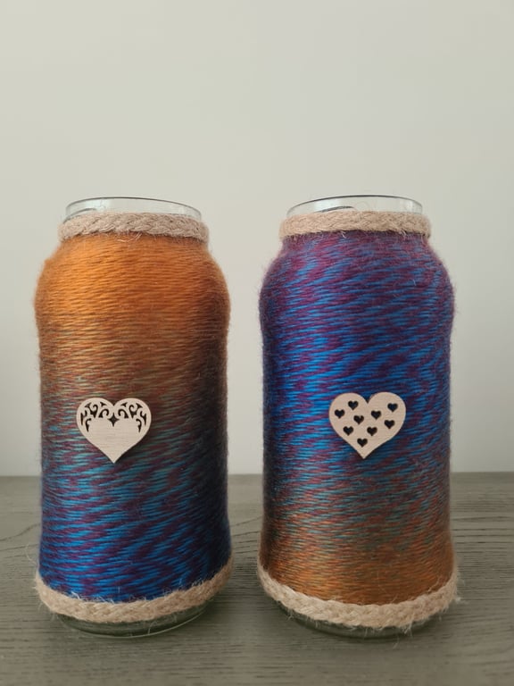 Handmade Ombre Yarn Wrapped Glass Jar Vases - Set of 2 - Rustic Heart Decor