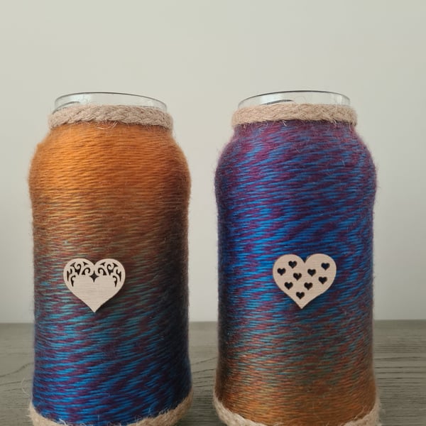 Handmade Ombre Yarn Wrapped Glass Jar Vases - Set of 2 - Rustic Heart Decor