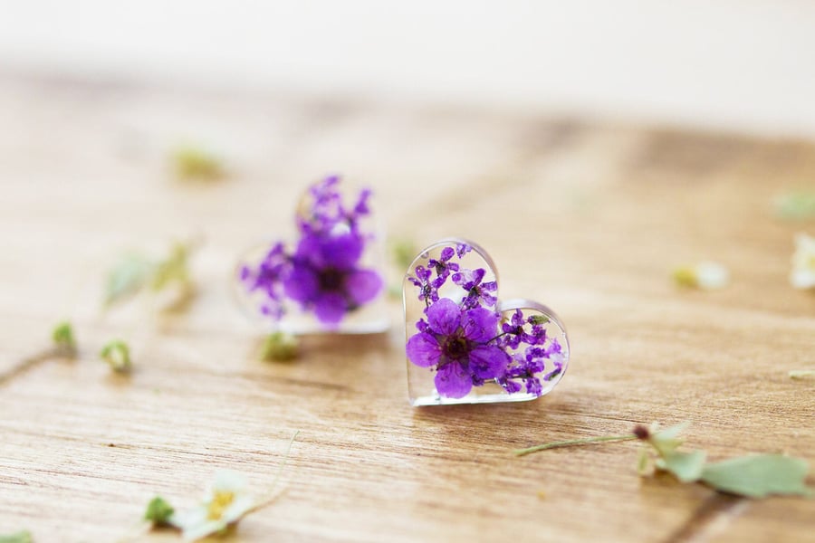 Flower Earrings Purple Hearts Sterling Silver Handmade Jewelry Pressed Flowers N