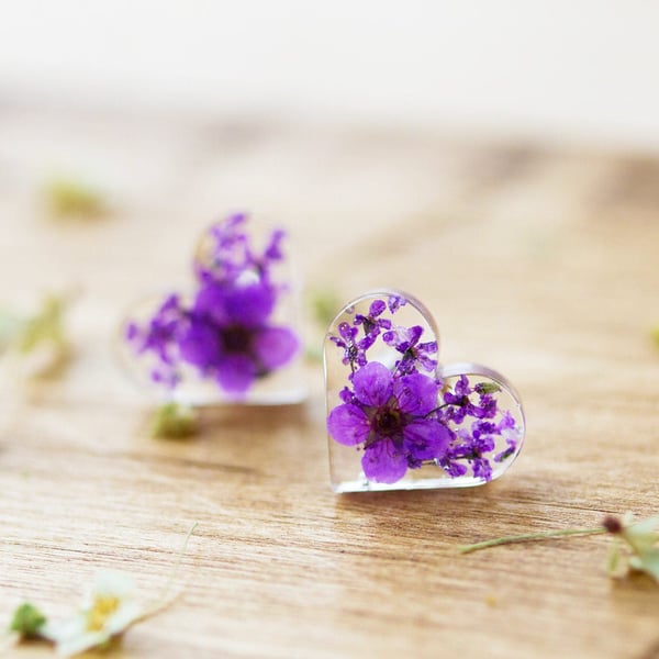 Flower Earrings Purple Hearts Sterling Silver Handmade Jewelry Pressed Flowers N