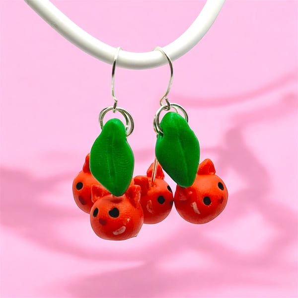 Kawaii Cherry Cat Earrings, Polymer Clay Jewellery, Valentines Earrings For Her