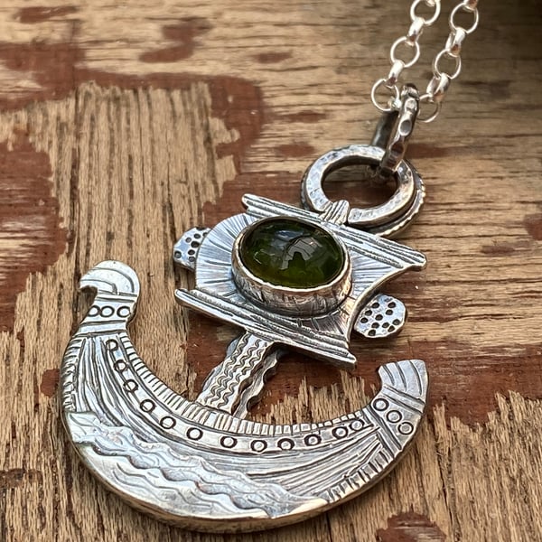 Viking Ship Pendant with Green Tourmaline