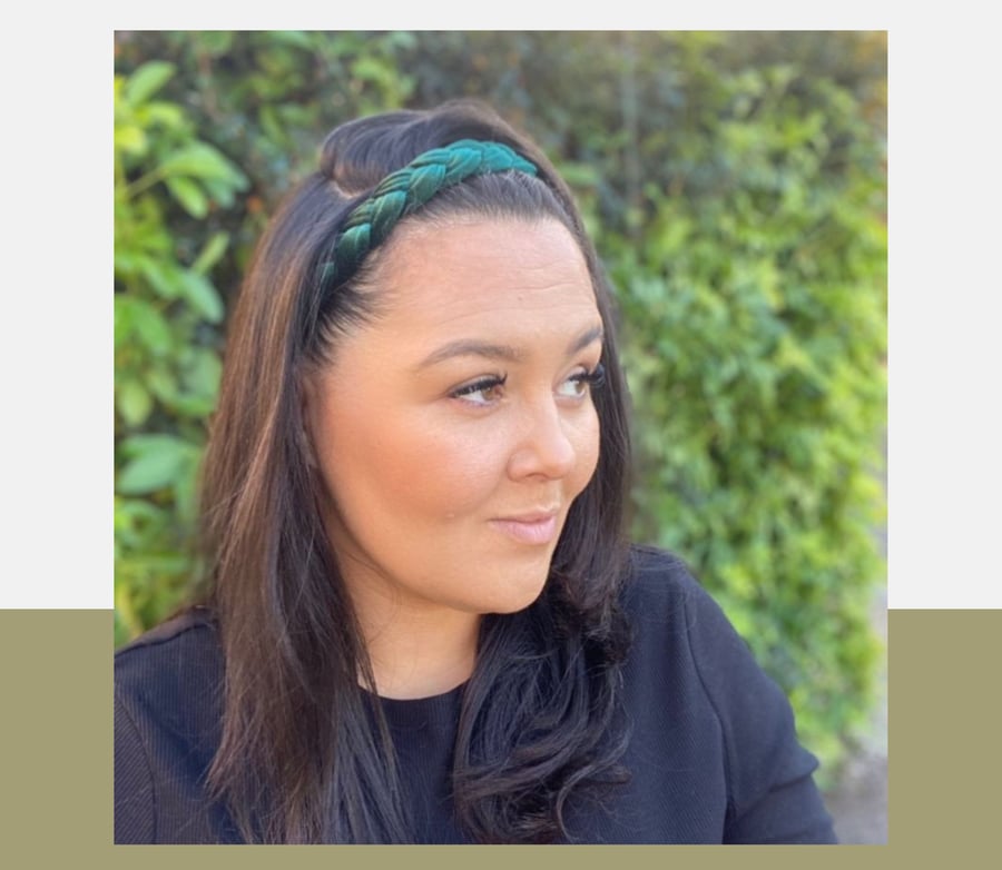 Emerald Green Braided Velvet Headband, Plaited Headband, Stretchy Headband