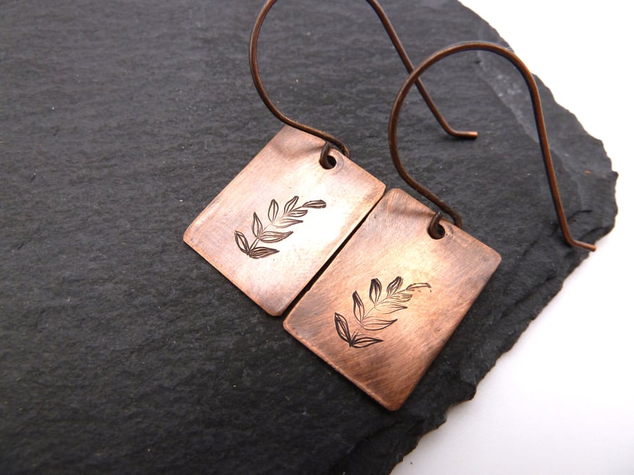 copper earrings, stamped leaf charms