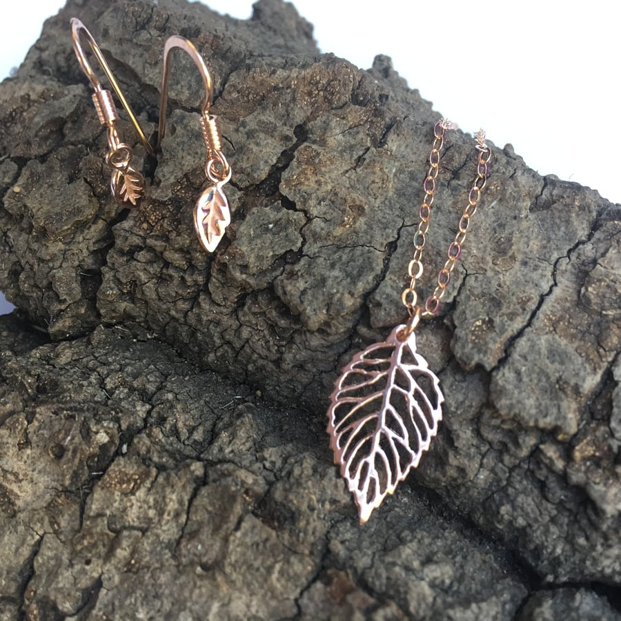 Rose Gold Leaf Earrings and Necklace Set, Rose Gold Vermail Leaves.