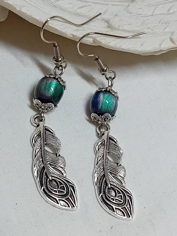  Peacock Feather Earrings Blue Green