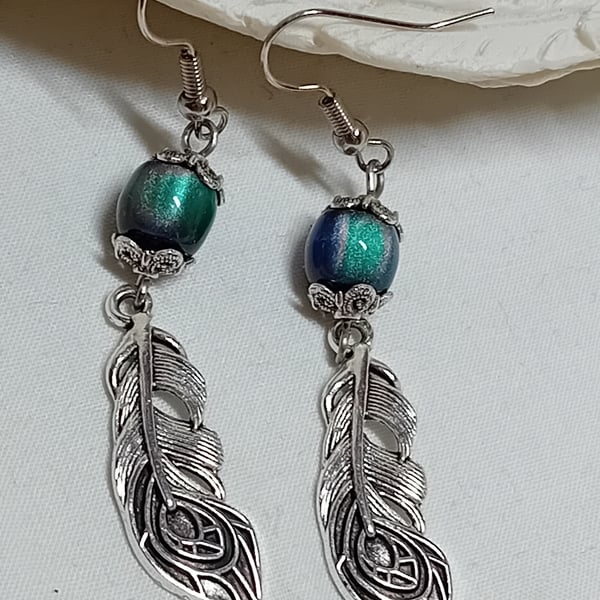  Peacock Feather Earrings Blue Green