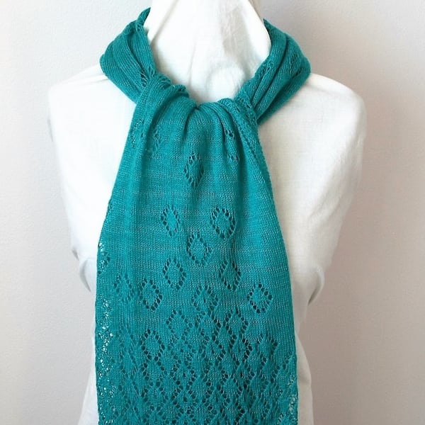 Hand Knitted Turquoise Merino Wool Scarf
