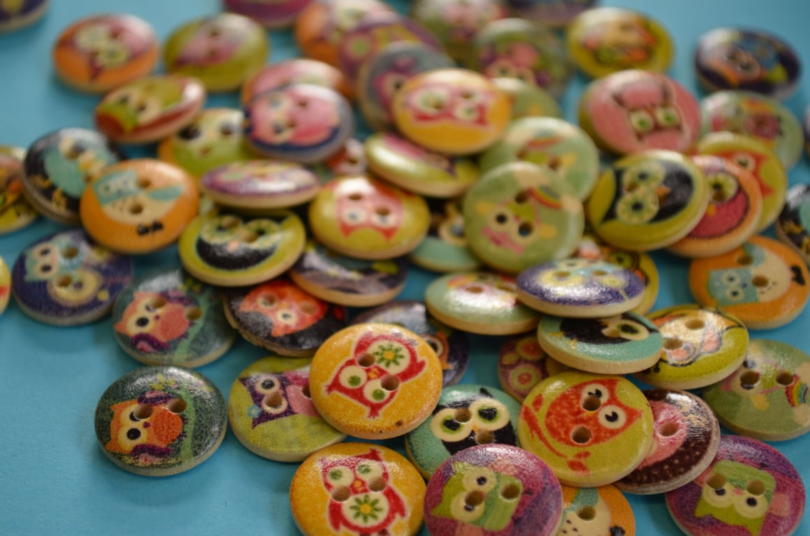 15mm Wooden Owl Buttons Random Mix 10pk Bird (SOW1)