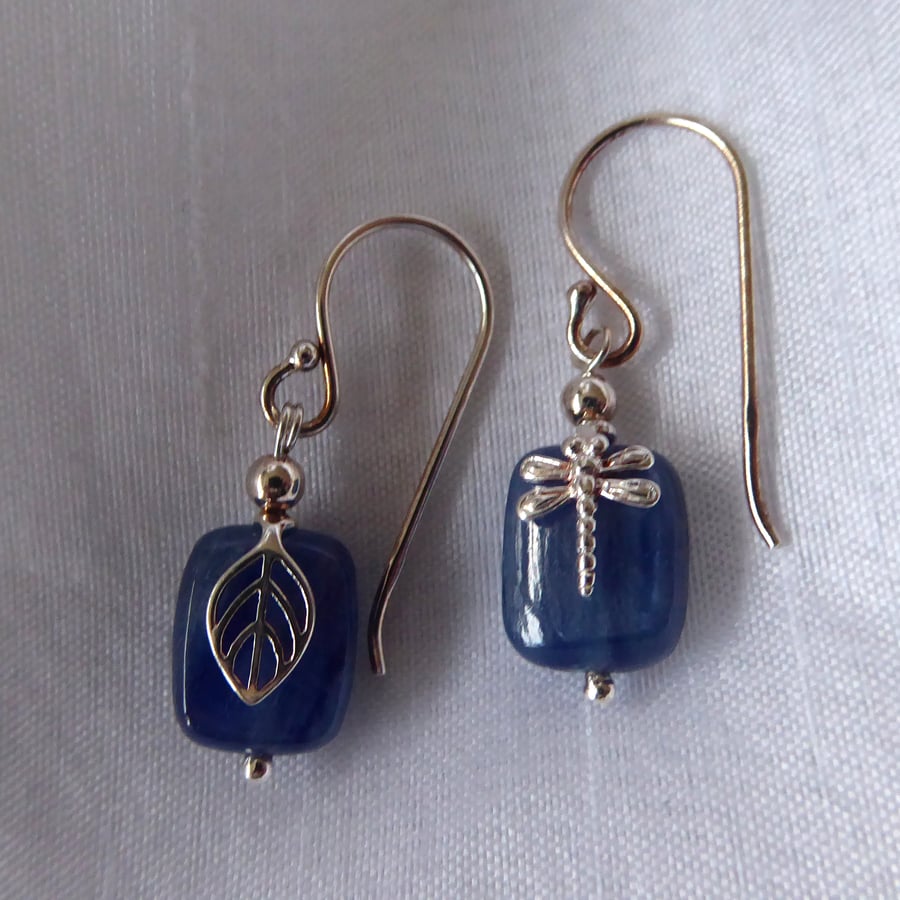Kyanite & Sterling Silver Earrings with Leaf and Dragonfly