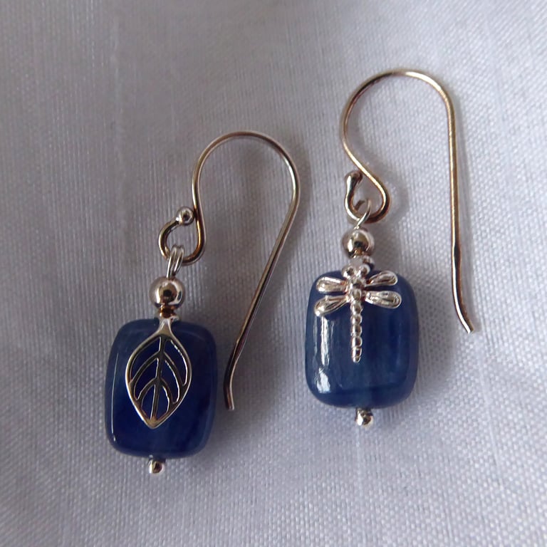 Kyanite & Sterling Silver Earrings with Leaf and Dragonfly