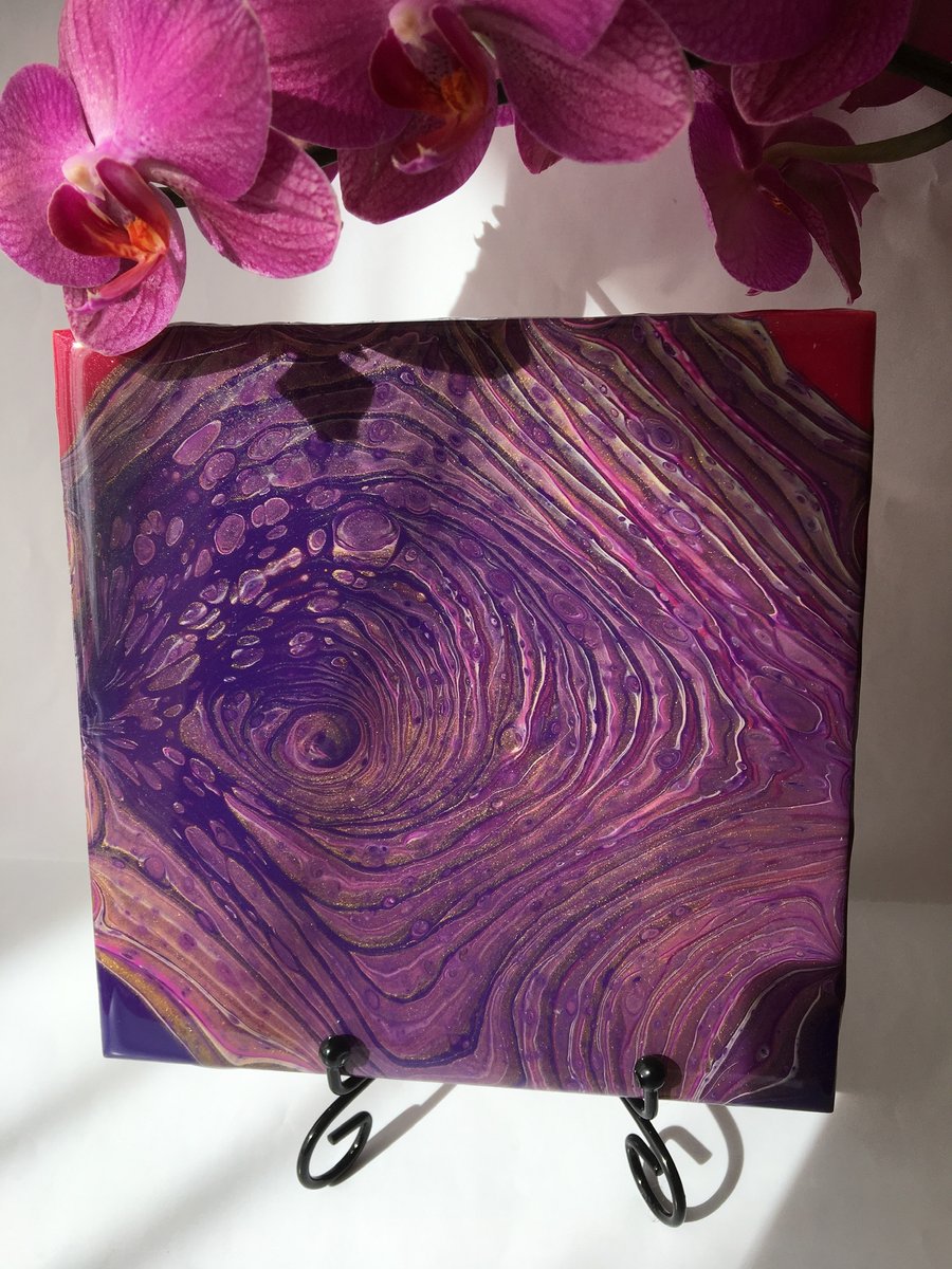  Abstract, Fluid art painting, 6”x6”tile, trivet, decoration, purple 