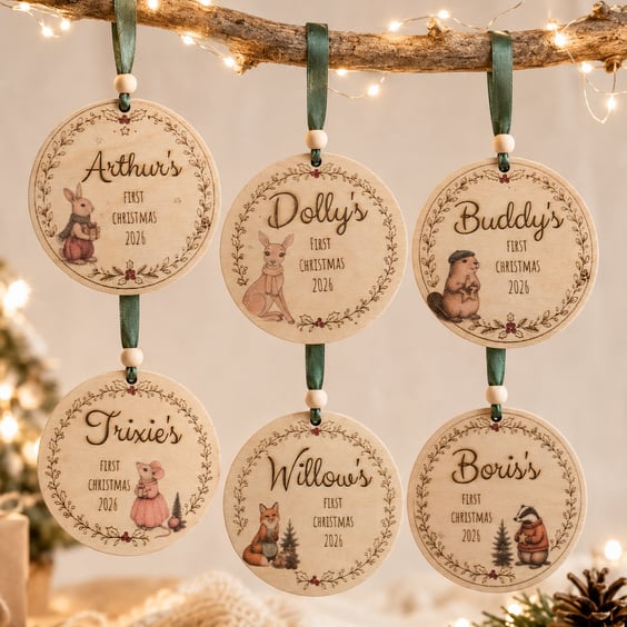 Personalised Baby's First Christmas Wooden Bauble – Woodland Keepsake