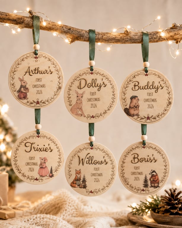 Personalised Baby's First Christmas Wooden Bauble – Woodland Keepsake