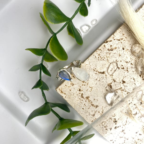Moonstone Labradorite Sterling Silver Adjustable Ring