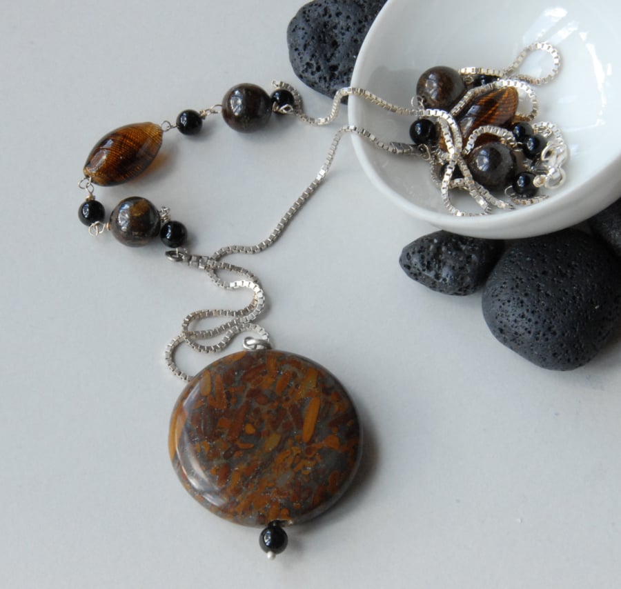 Sterling silver and brown bamboo jasper necklace