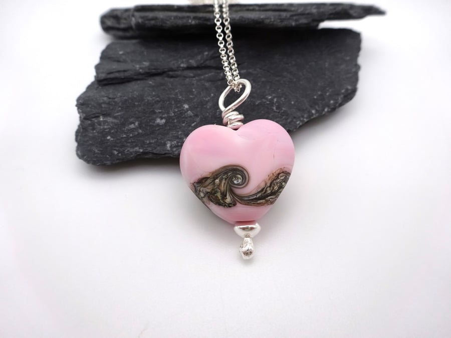 lampwork glass pink heart pendant, sterling silver chain necklace