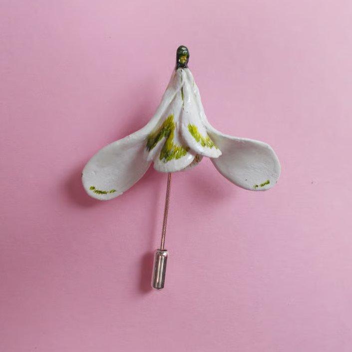 Welcome Spring WHITE SNOWDROP PIN Brooch Lapel Flower Pin HANDMADE HAND PAINTED