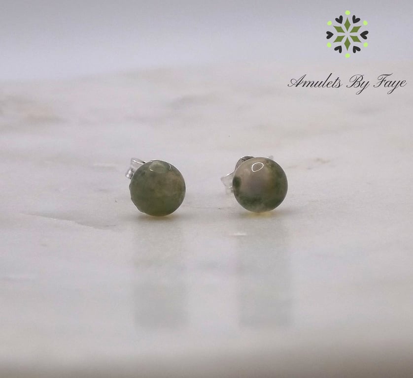 Green Moss Agate Cabochon 5mm Gemstone Sterling Silver Stud Earrings.