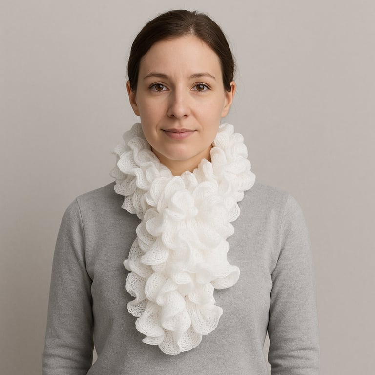 White ruffle scarf in fashion yarn